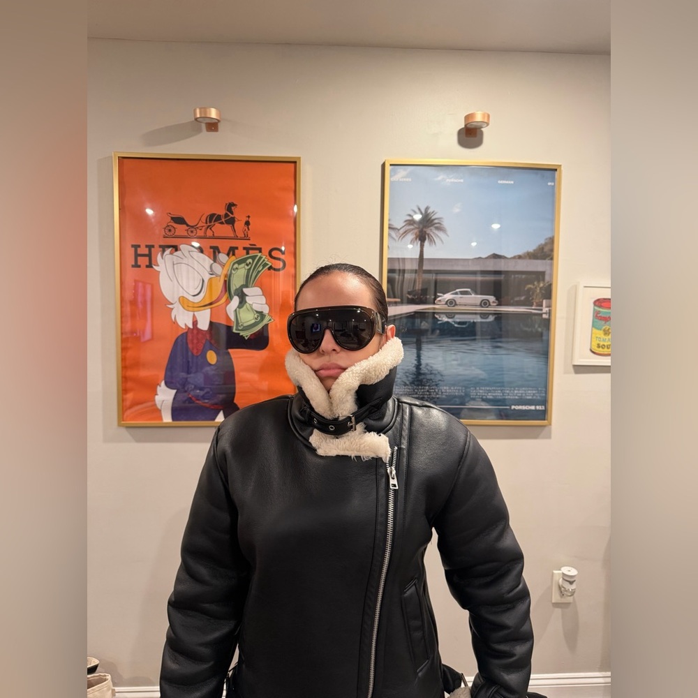 Topshop faux leather shearling aviator biker jacket in black - Picture 8 of 11